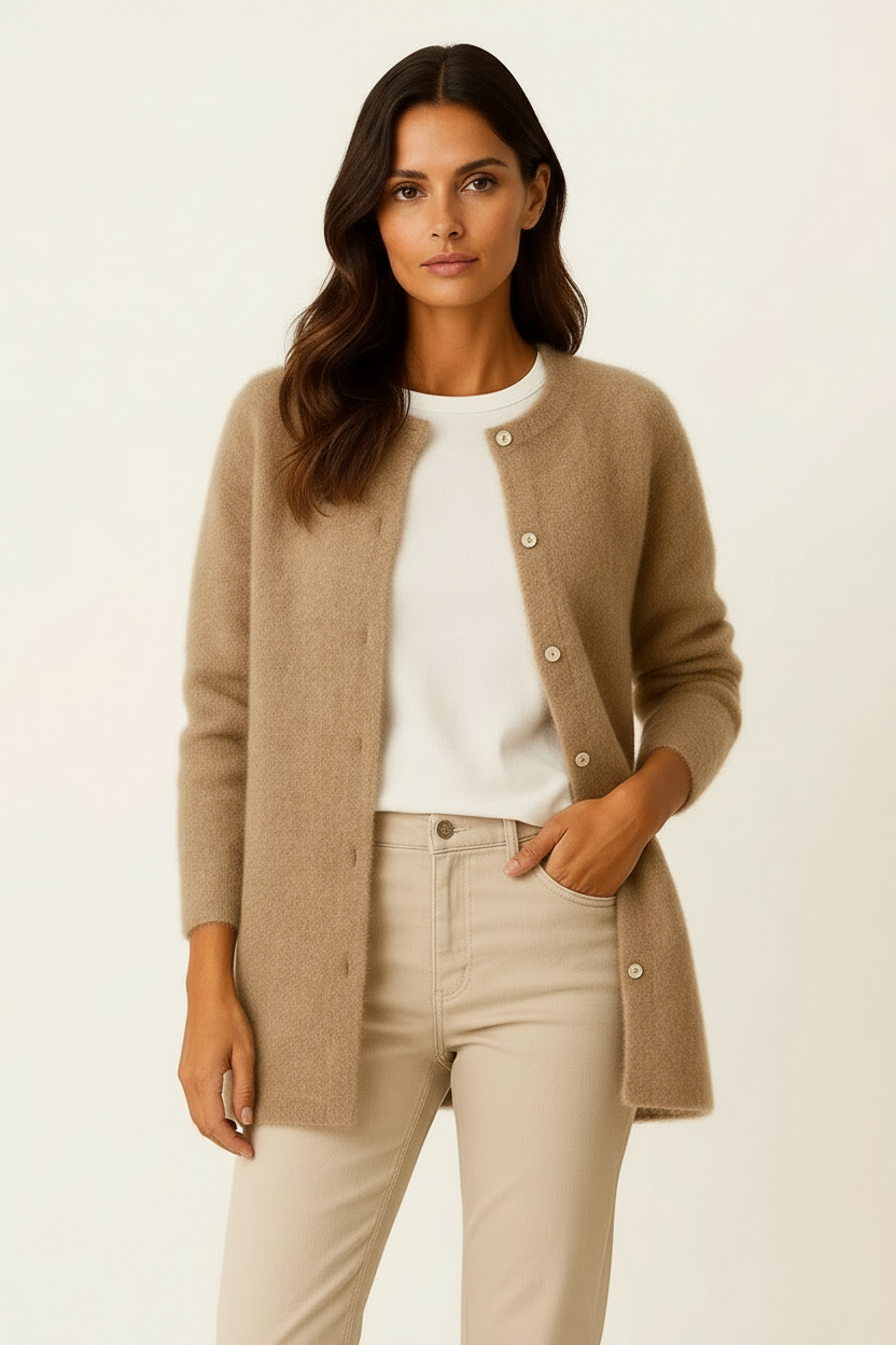 Cárdigan Largo Mujer Suave de Punto Beige con Bolsillos