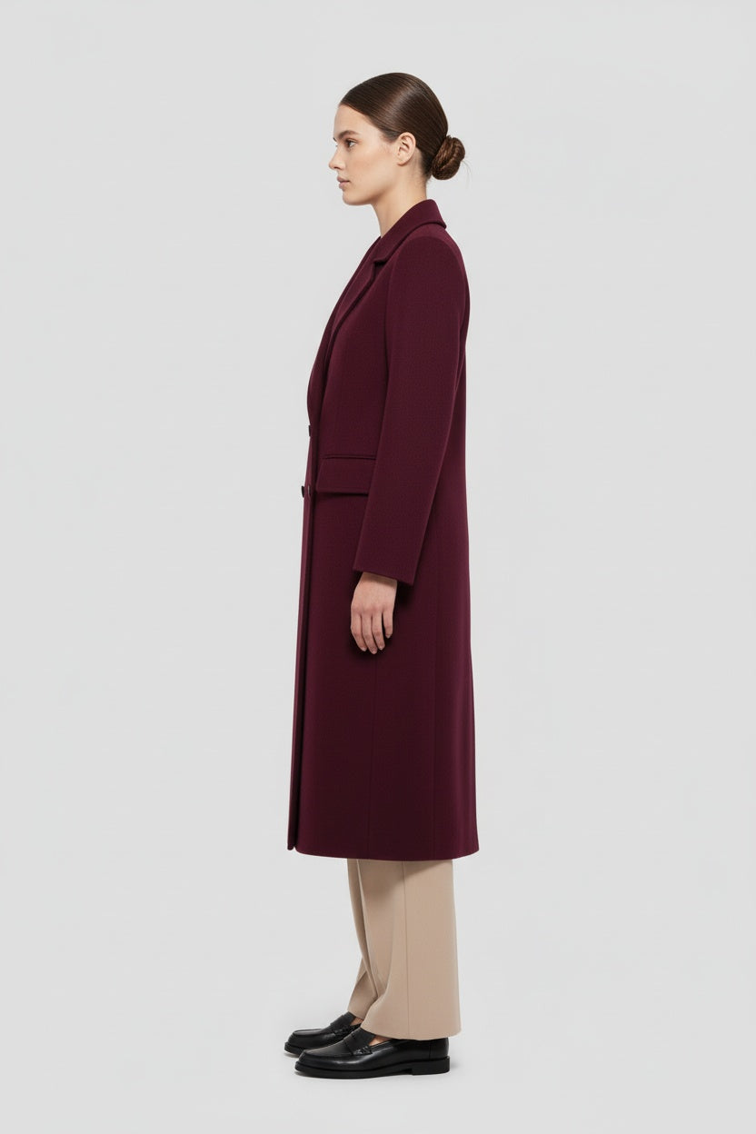 Abrigo de Mujer Cruzado de Lana Burdeos Manga Larga Elegante