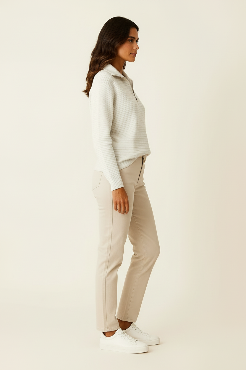 Jersey de Mujer Viscosa Elastano Cuello en V Media Cremallera Rayas Blancas