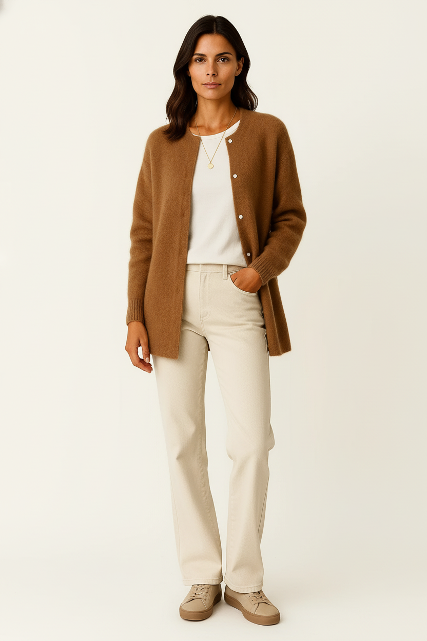 Cárdigan Largo Mujer Suave de Punto Beige con Bolsillos