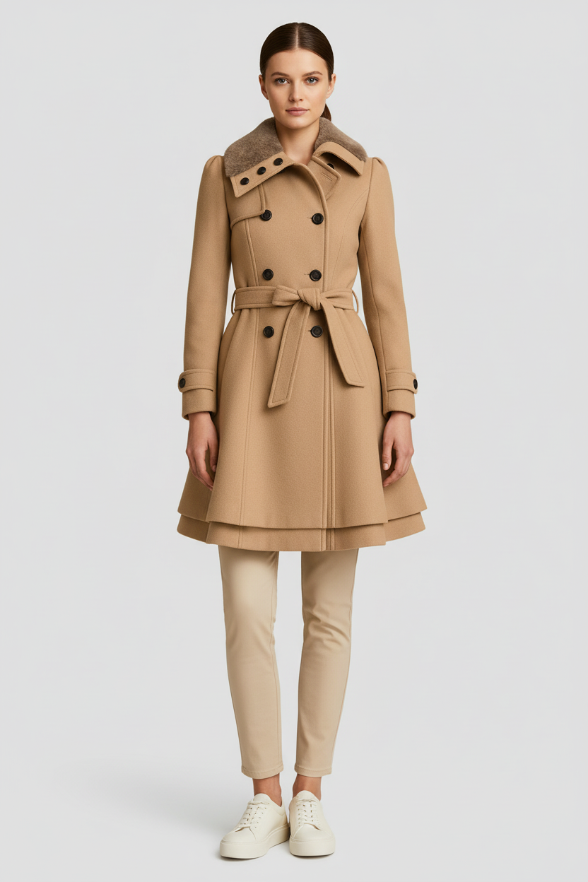 Abrigo de Mujer Mezcla de Lana Acampanado con Cinturón y Cuello de Piel