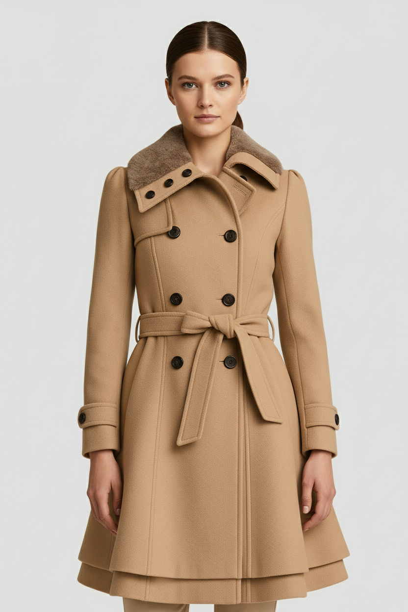Abrigo de Mujer Mezcla de Lana Acampanado con Cinturón y Cuello de Piel