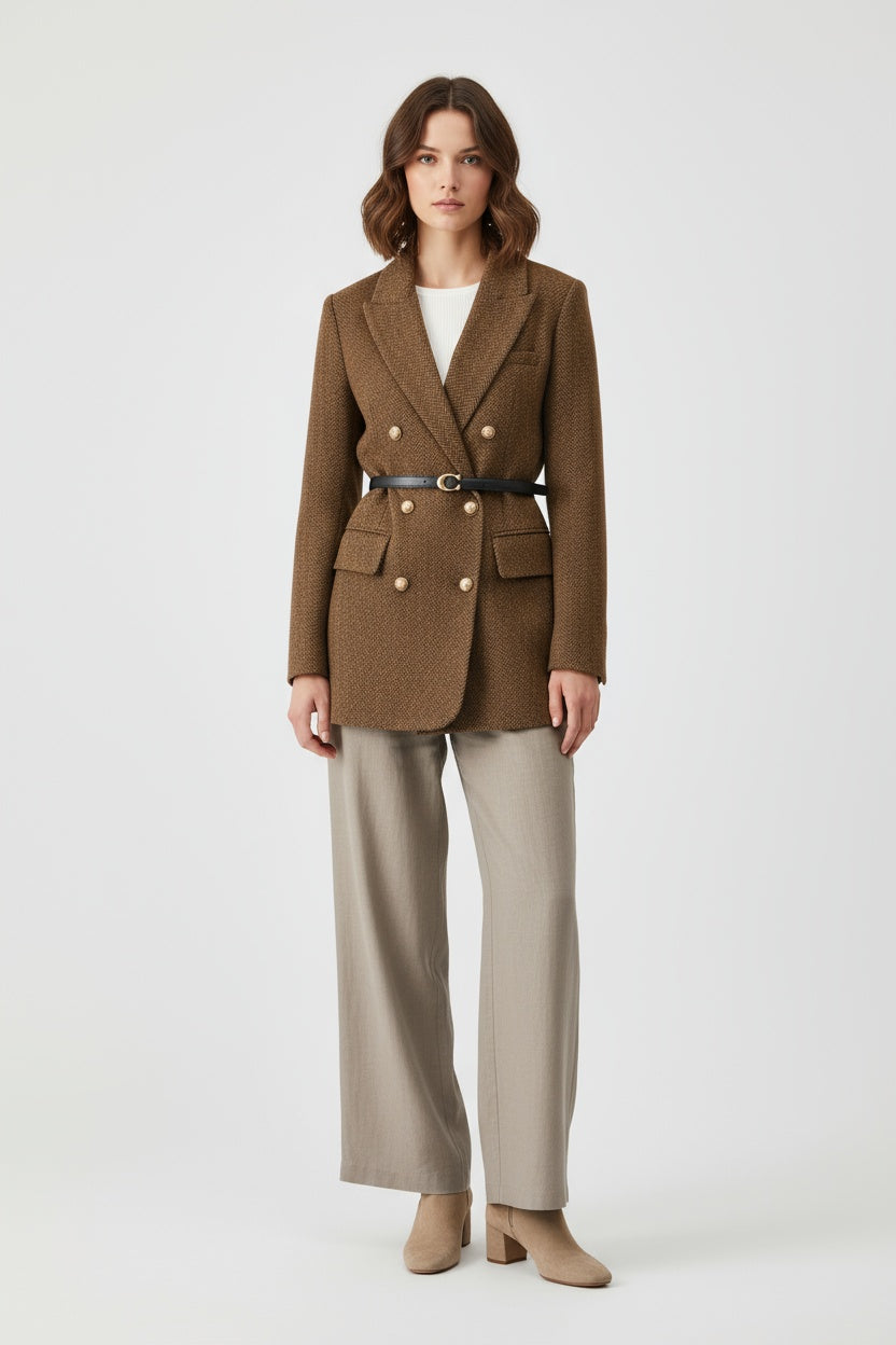 Abrigo Mujer Tweed Acrílico Doble Botonadura Entallado