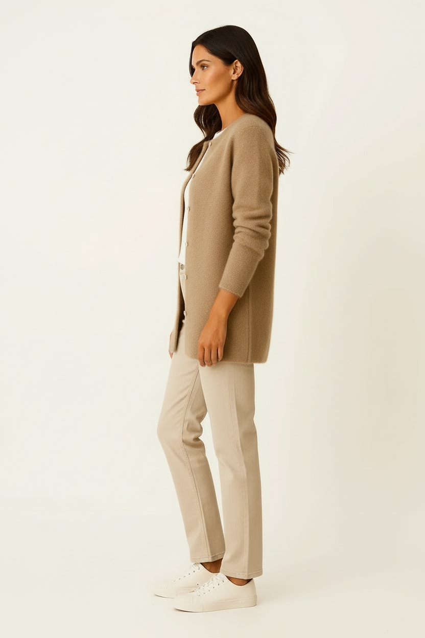 Cárdigan Largo Mujer Suave de Punto Beige con Bolsillos