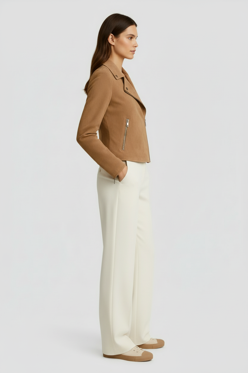 Chaqueta Mujer Gamuza Corte Entallado Estilo Motero