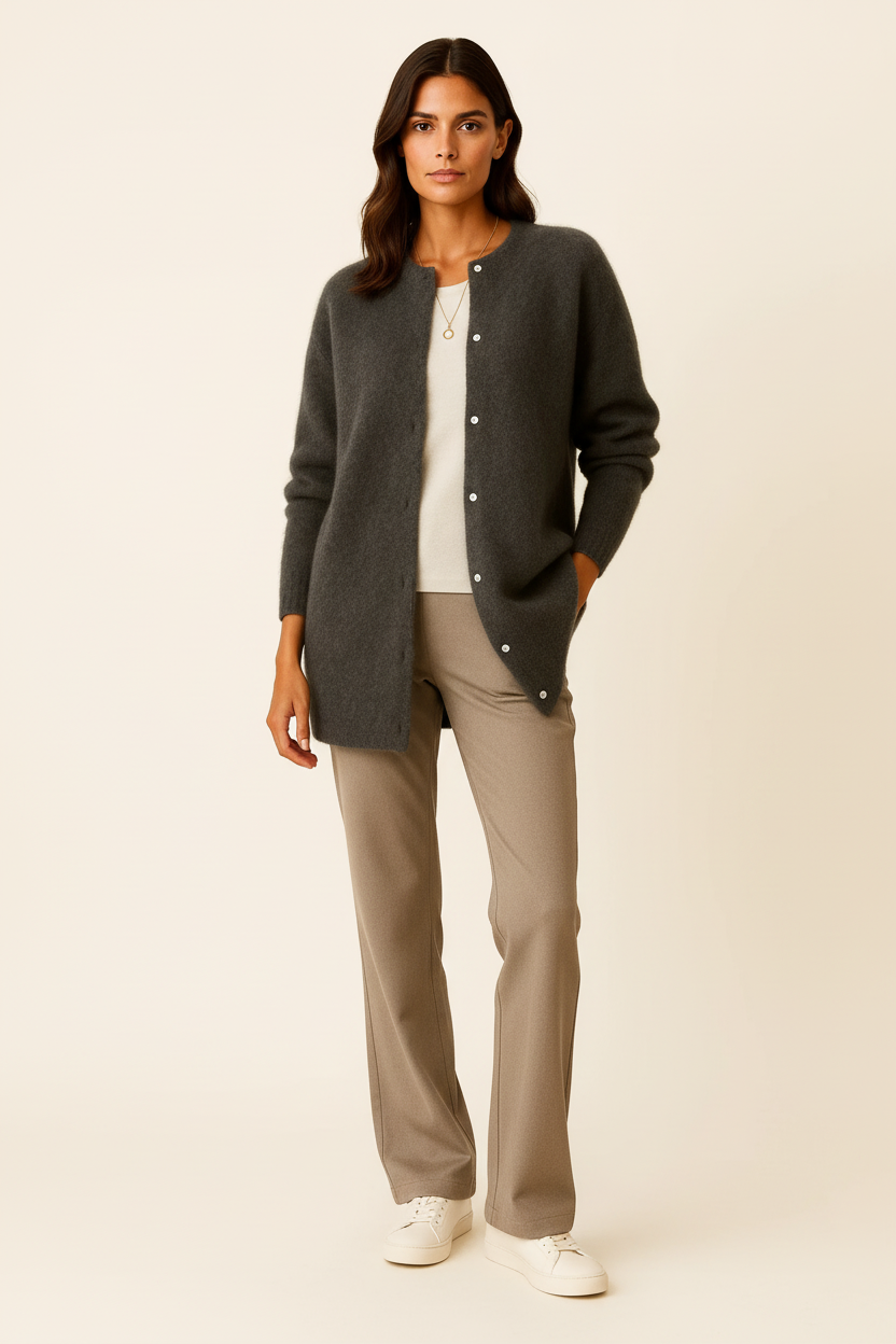 Cárdigan Largo Mujer Suave de Punto Beige con Bolsillos