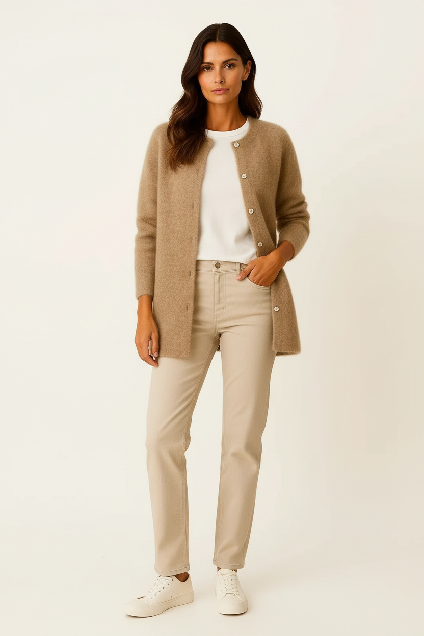 Cárdigan Largo Mujer Suave de Punto Beige con Bolsillos