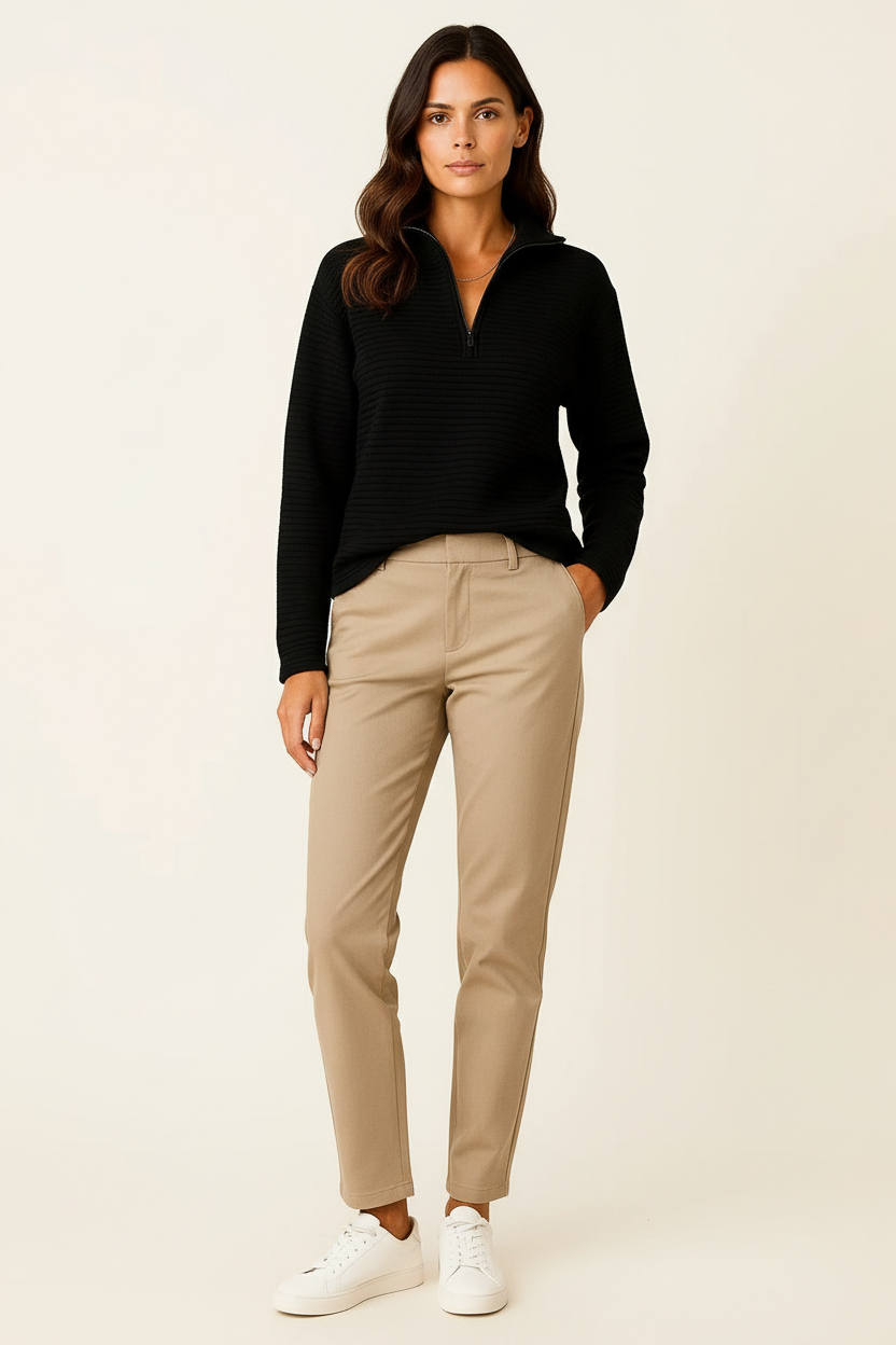 Jersey de Mujer Viscosa Elastano Cuello en V Media Cremallera Rayas Blancas