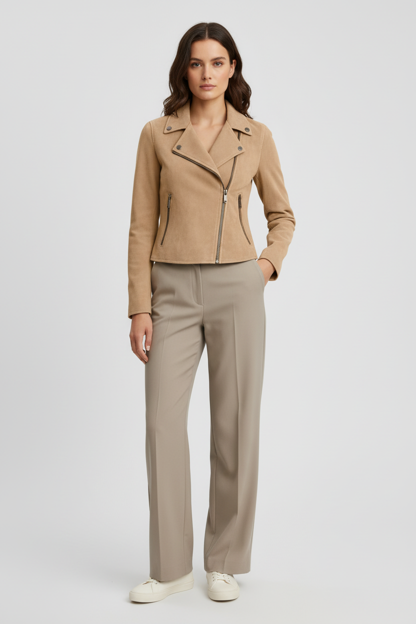 Chaqueta Mujer Gamuza Corte Entallado Estilo Motero