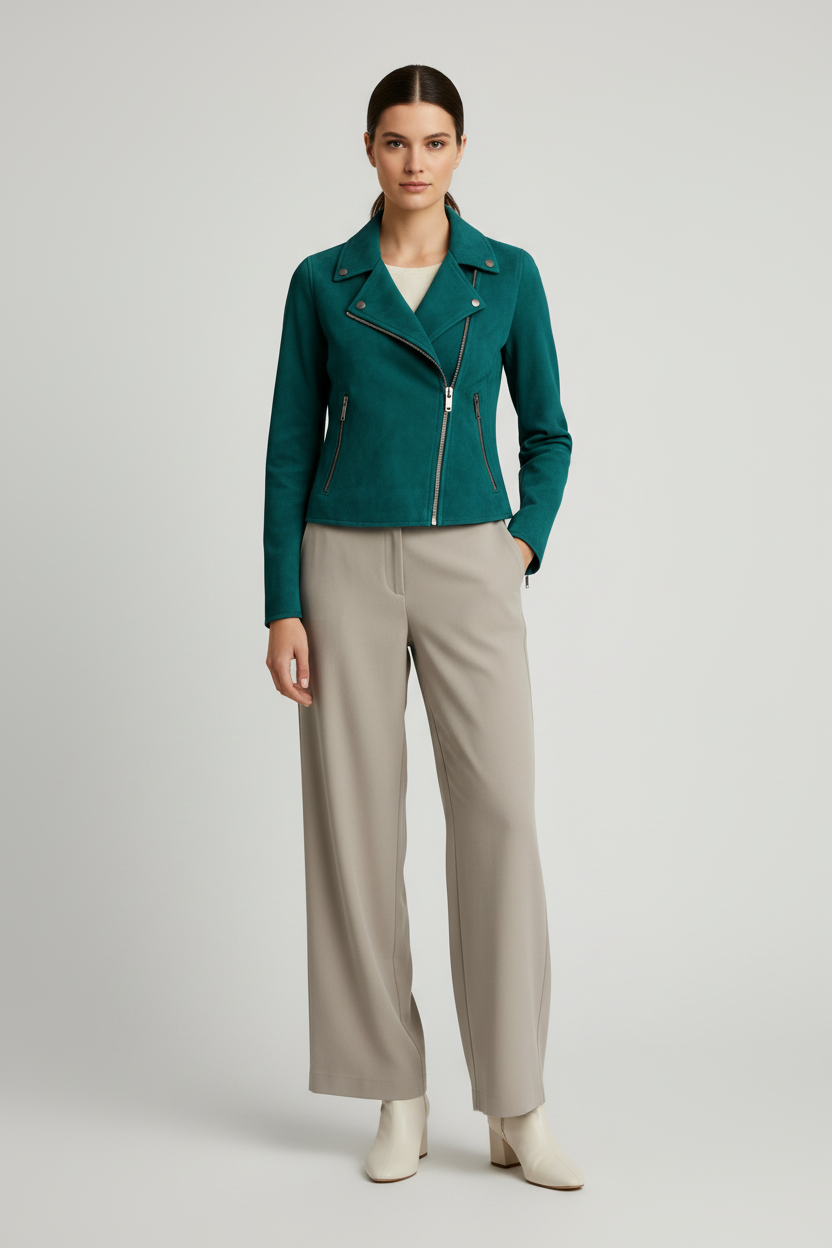 Chaqueta Mujer Gamuza Corte Entallado Estilo Motero