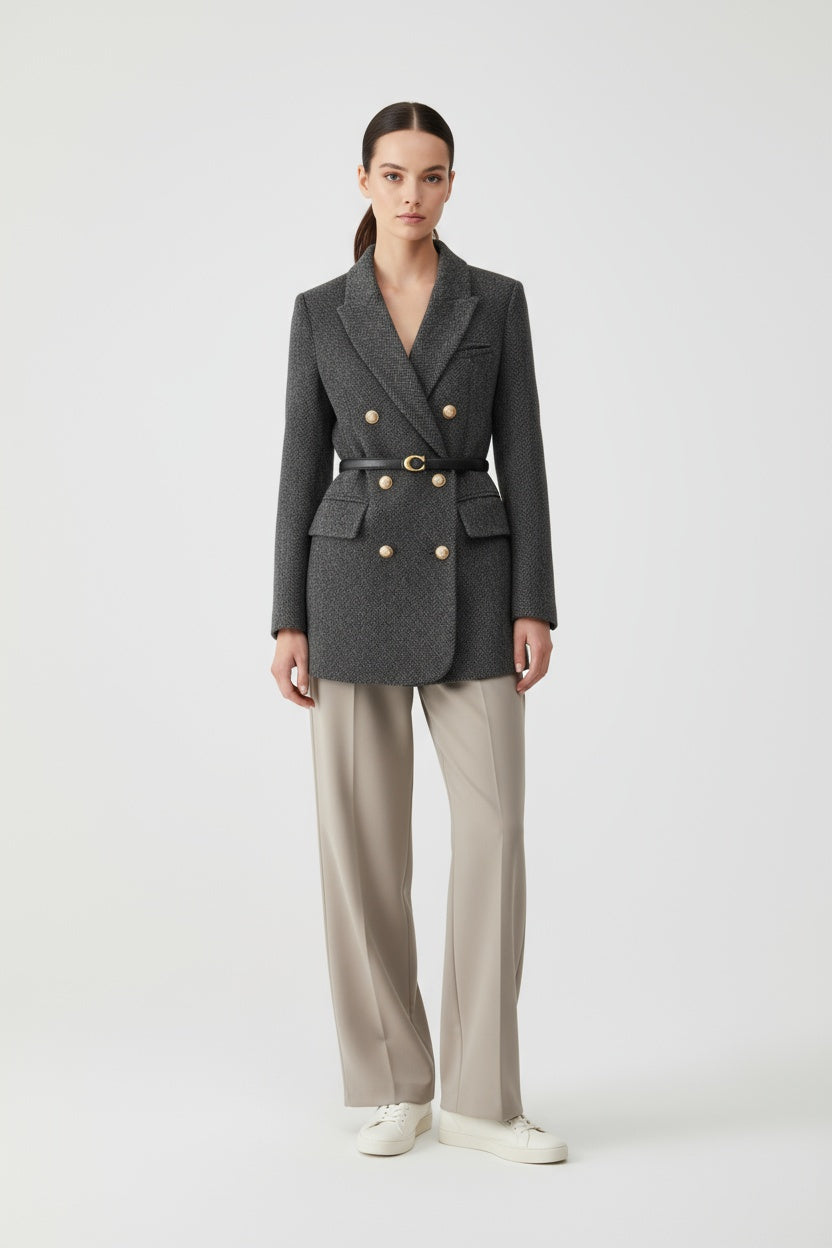 Abrigo Mujer Tweed Acrílico Doble Botonadura Entallado