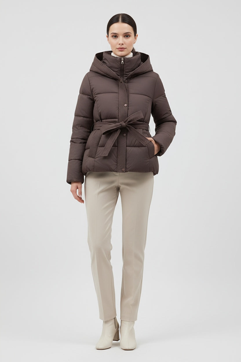 Chaqueta Acolchada Mujer Invierno Sintética con Capucha y Cinturón