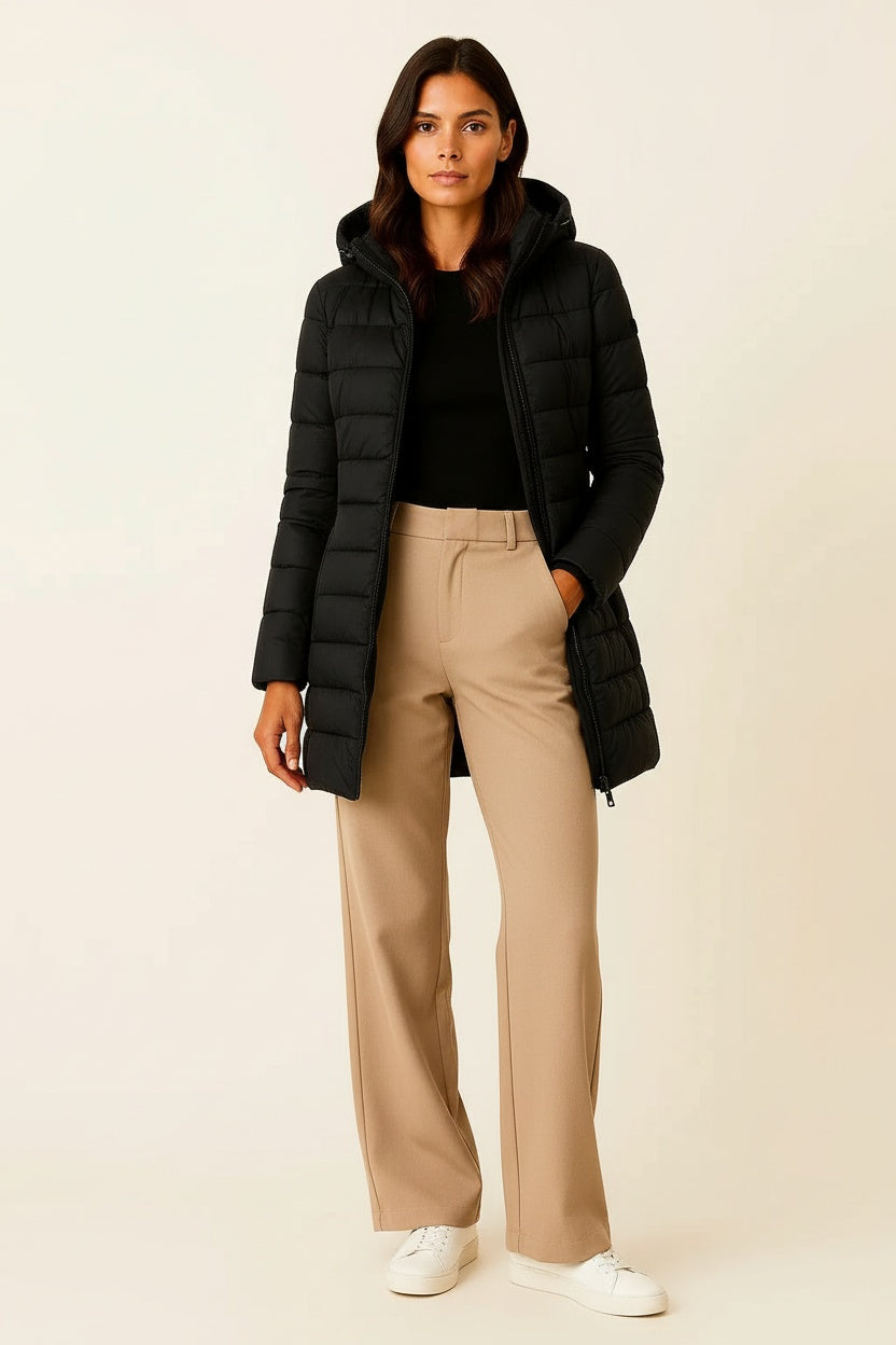 Chaqueta Acolchada Mujer Piel Sintética Corte Entallado Negra