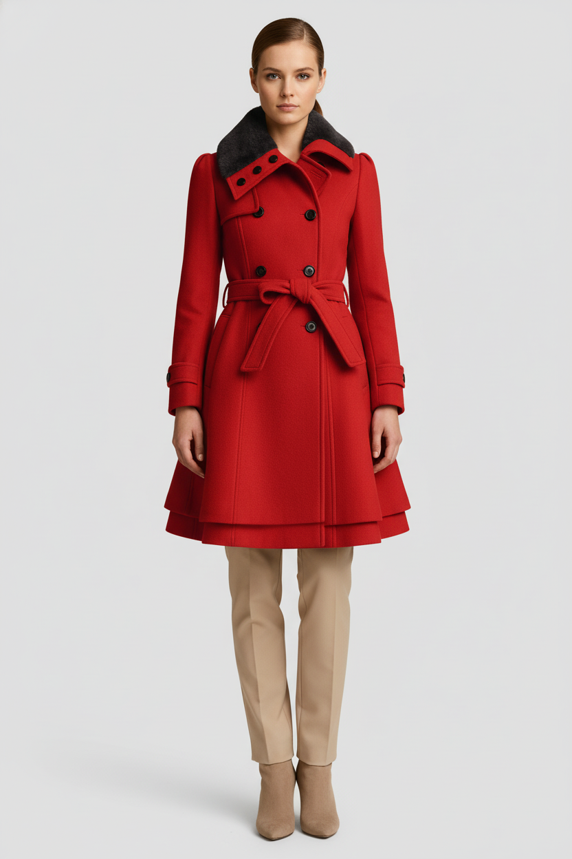 Abrigo de Mujer Mezcla de Lana Acampanado con Cinturón y Cuello de Piel