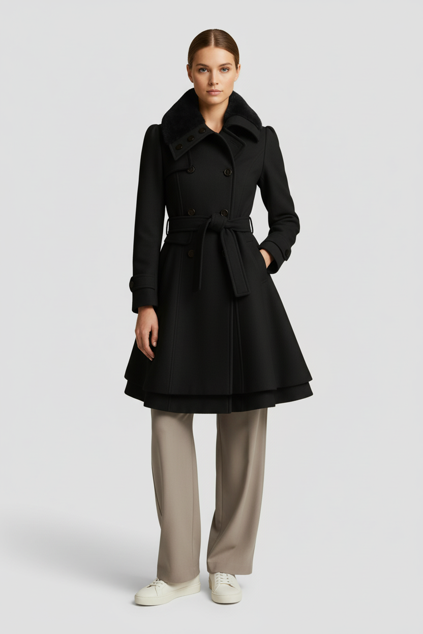 Abrigo de Mujer Mezcla de Lana Acampanado con Cinturón y Cuello de Piel