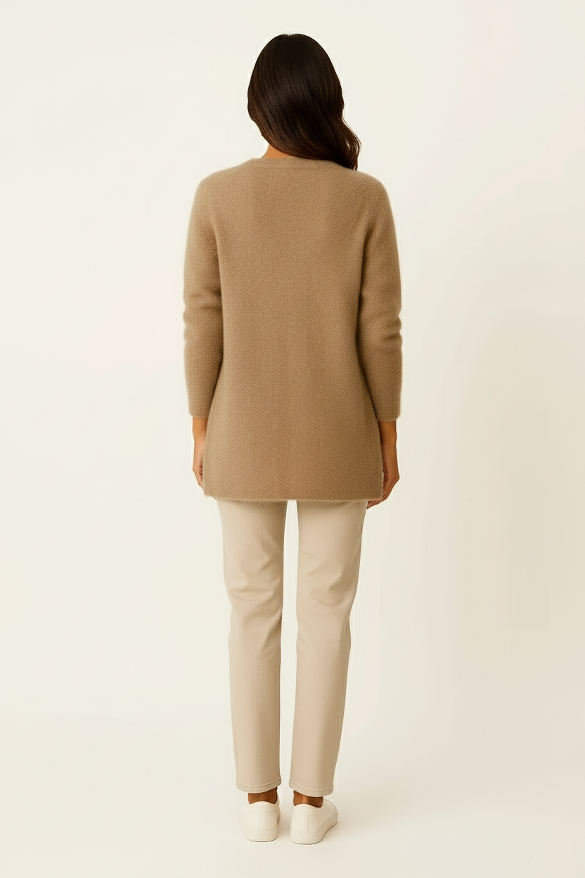 Cárdigan Largo Mujer Suave de Punto Beige con Bolsillos