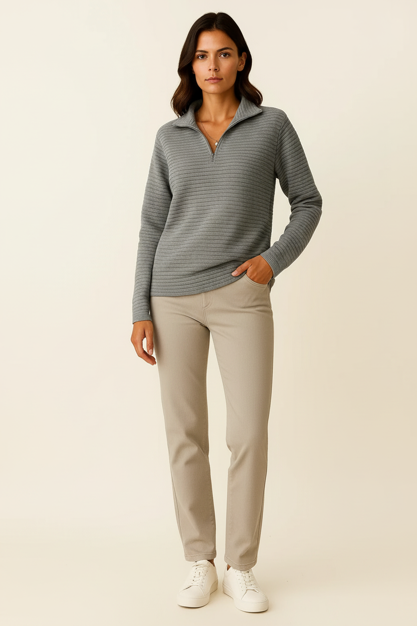 Jersey de Mujer Viscosa Elastano Cuello en V Media Cremallera Rayas Blancas