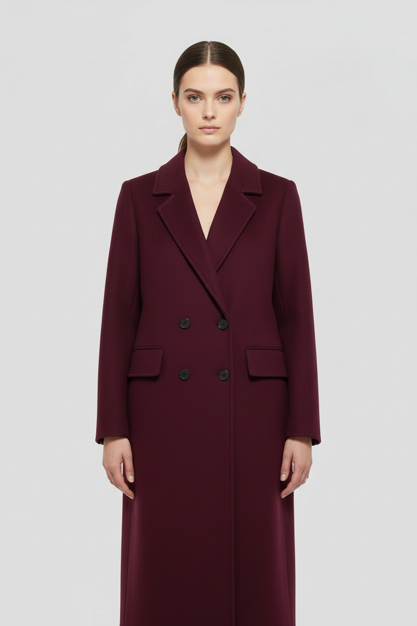 Abrigo de Mujer Cruzado de Lana Burdeos Manga Larga Elegante