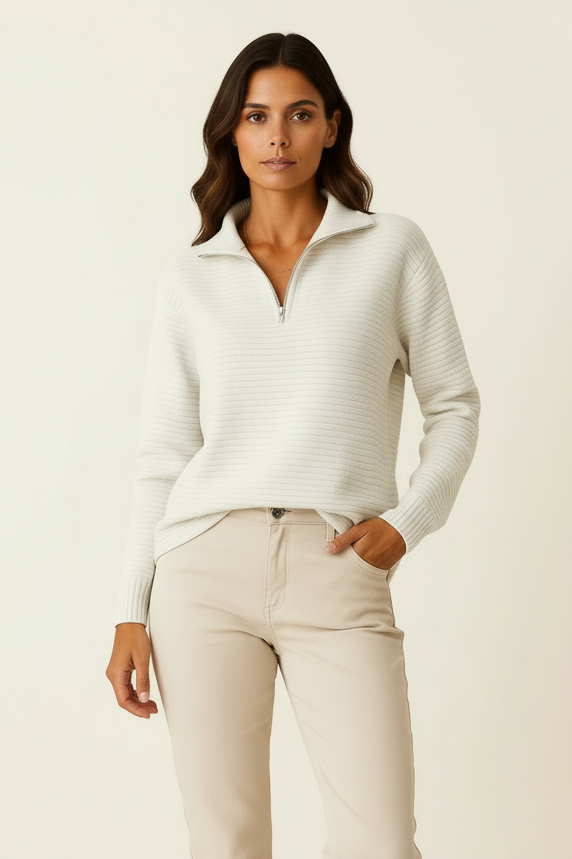 Jersey de Mujer Viscosa Elastano Cuello en V Media Cremallera Rayas Blancas