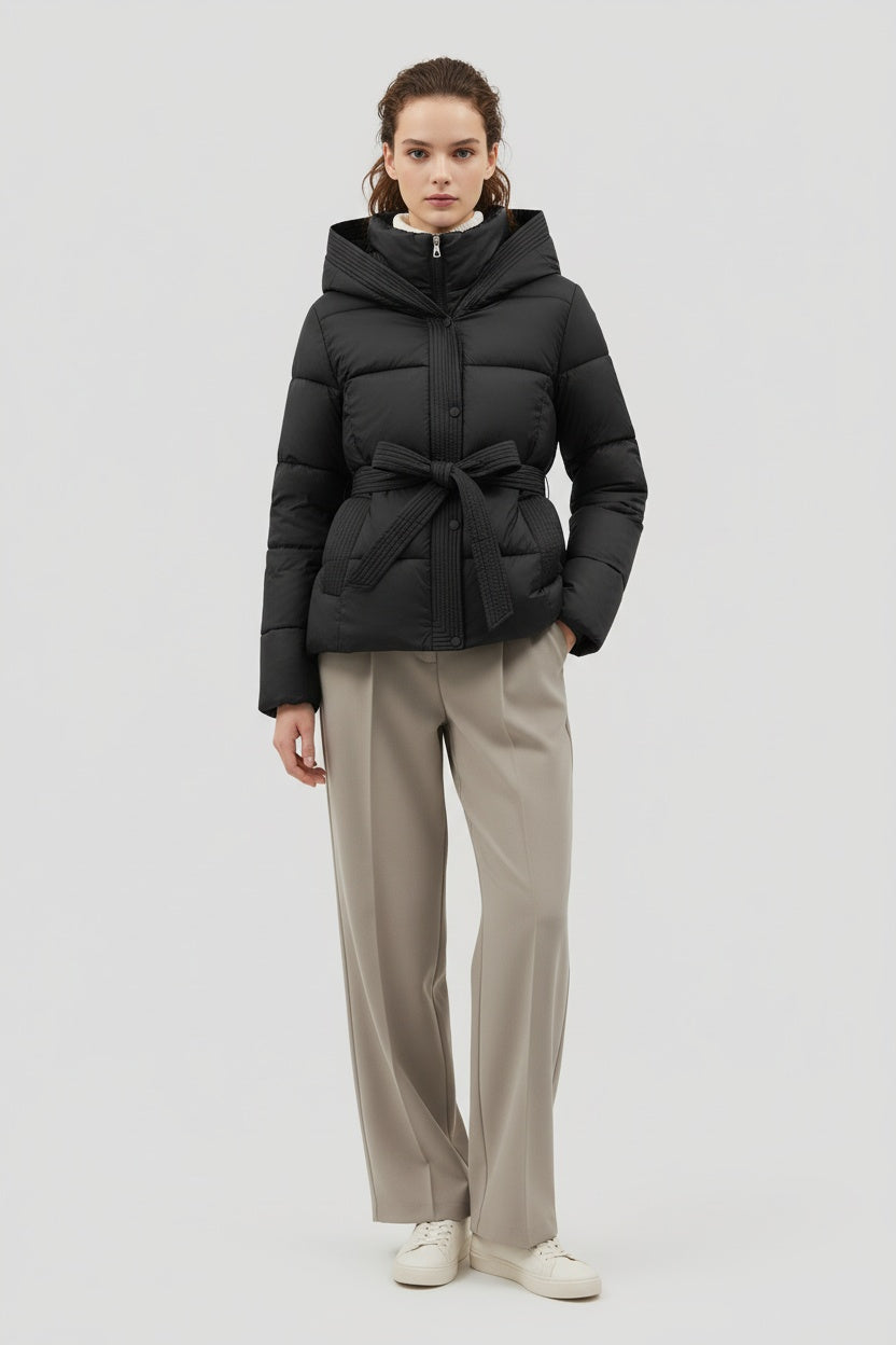 Chaqueta Acolchada Mujer Invierno Sintética con Capucha y Cinturón