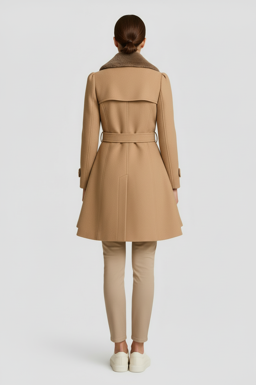 Abrigo de Mujer Mezcla de Lana Acampanado con Cinturón y Cuello de Piel