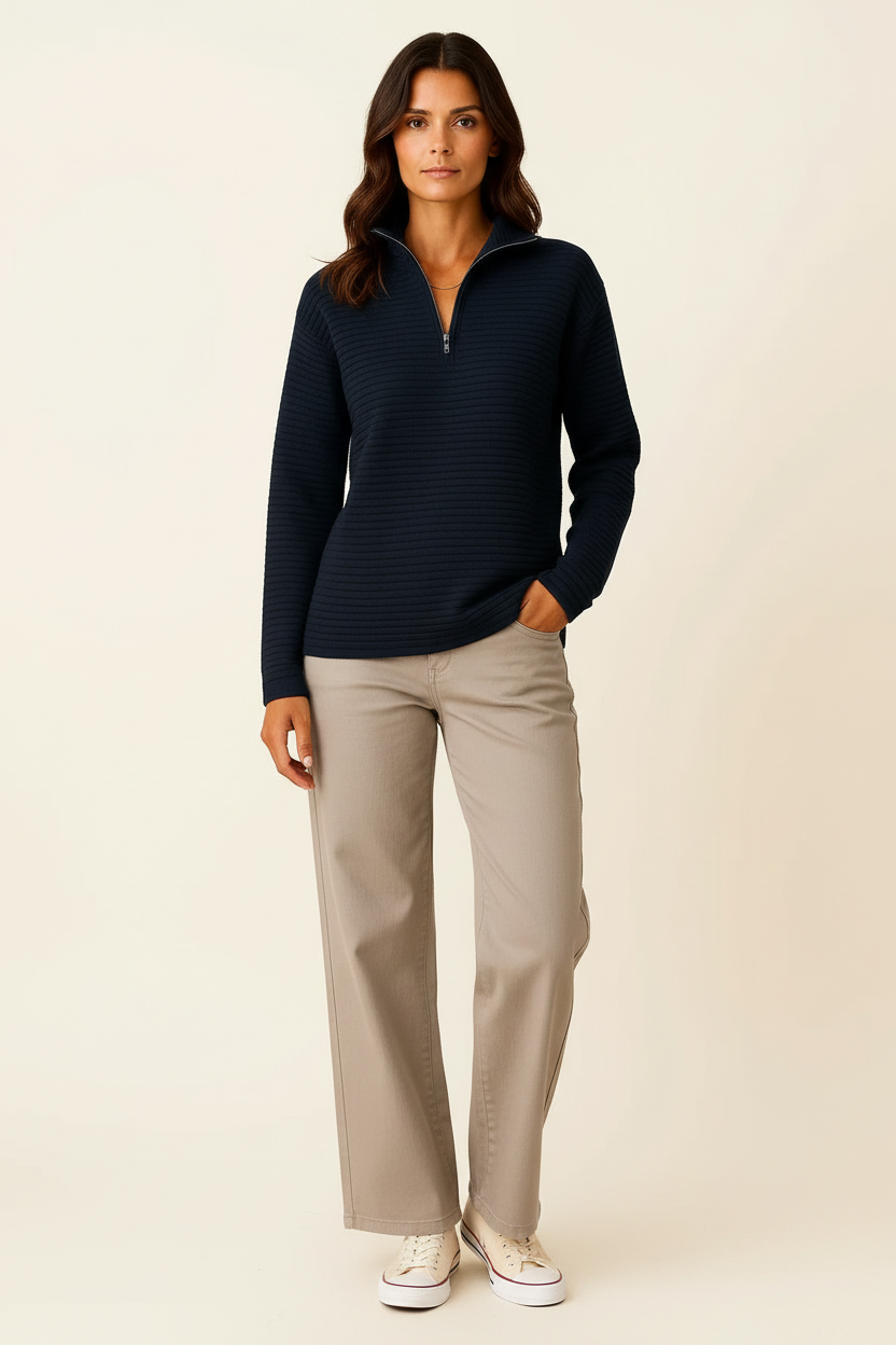 Jersey de Mujer Viscosa Elastano Cuello en V Media Cremallera Rayas Blancas