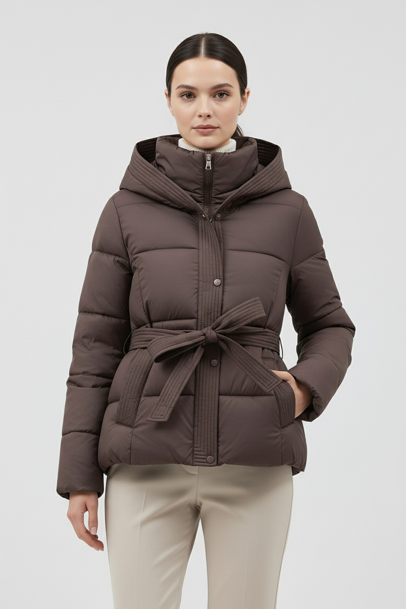 Chaqueta Acolchada Mujer Invierno Sintética con Capucha y Cinturón