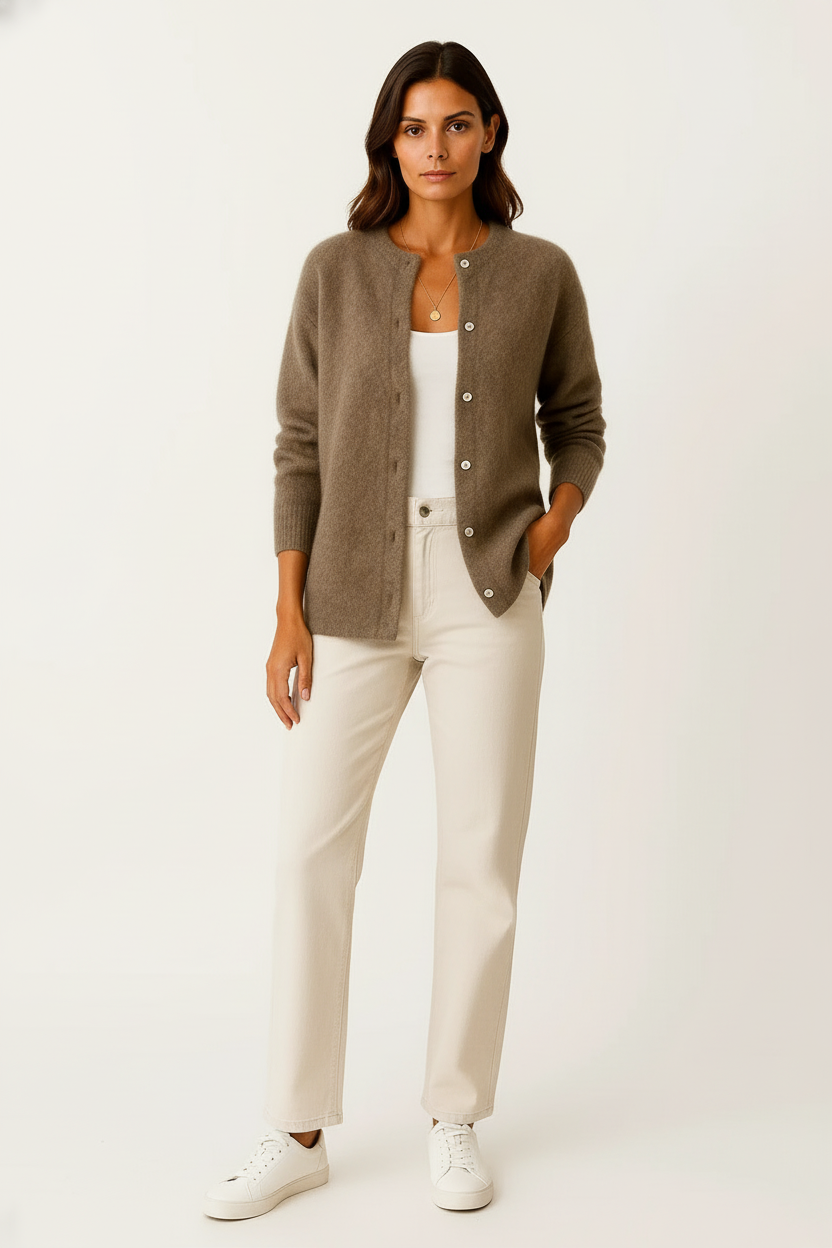 Cárdigan Largo Mujer Suave de Punto Beige con Bolsillos