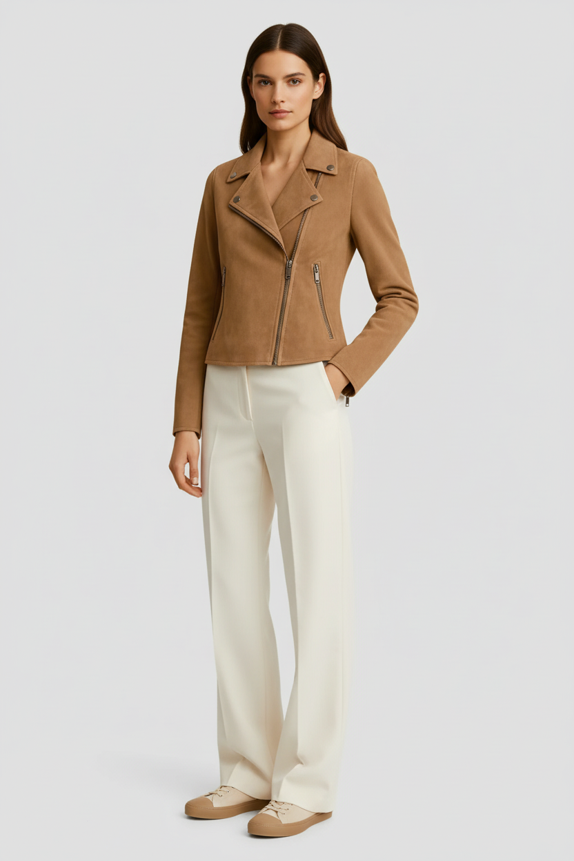 Chaqueta Mujer Gamuza Corte Entallado Estilo Motero