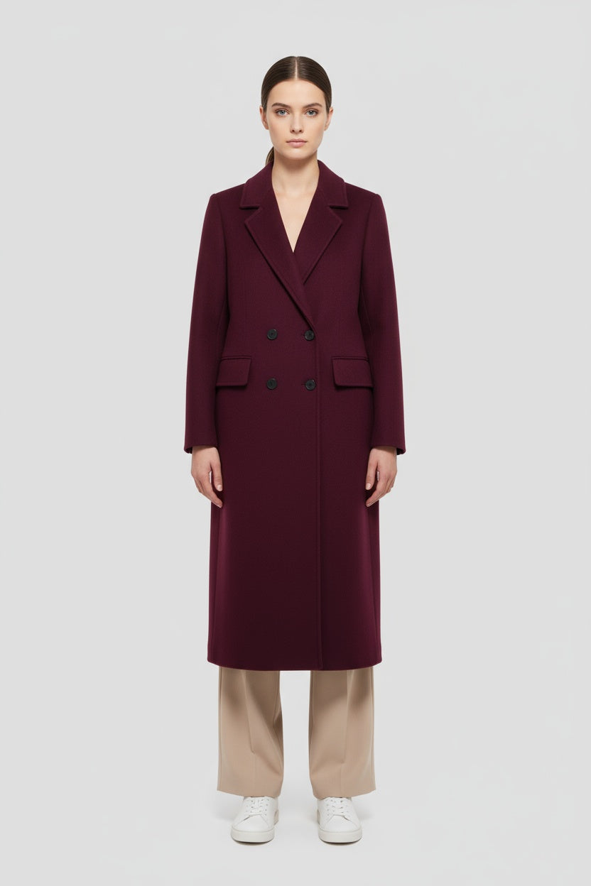 Abrigo de Mujer Cruzado de Lana Burdeos Manga Larga Elegante