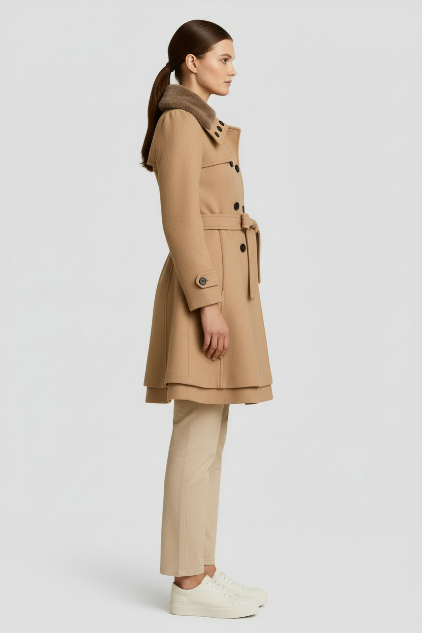 Abrigo de Mujer Mezcla de Lana Acampanado con Cinturón y Cuello de Piel