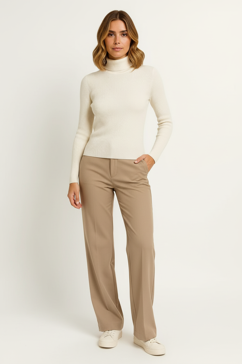 Suéter a Crochet Para Mujer Cuello Alto Tejido Suave Gris