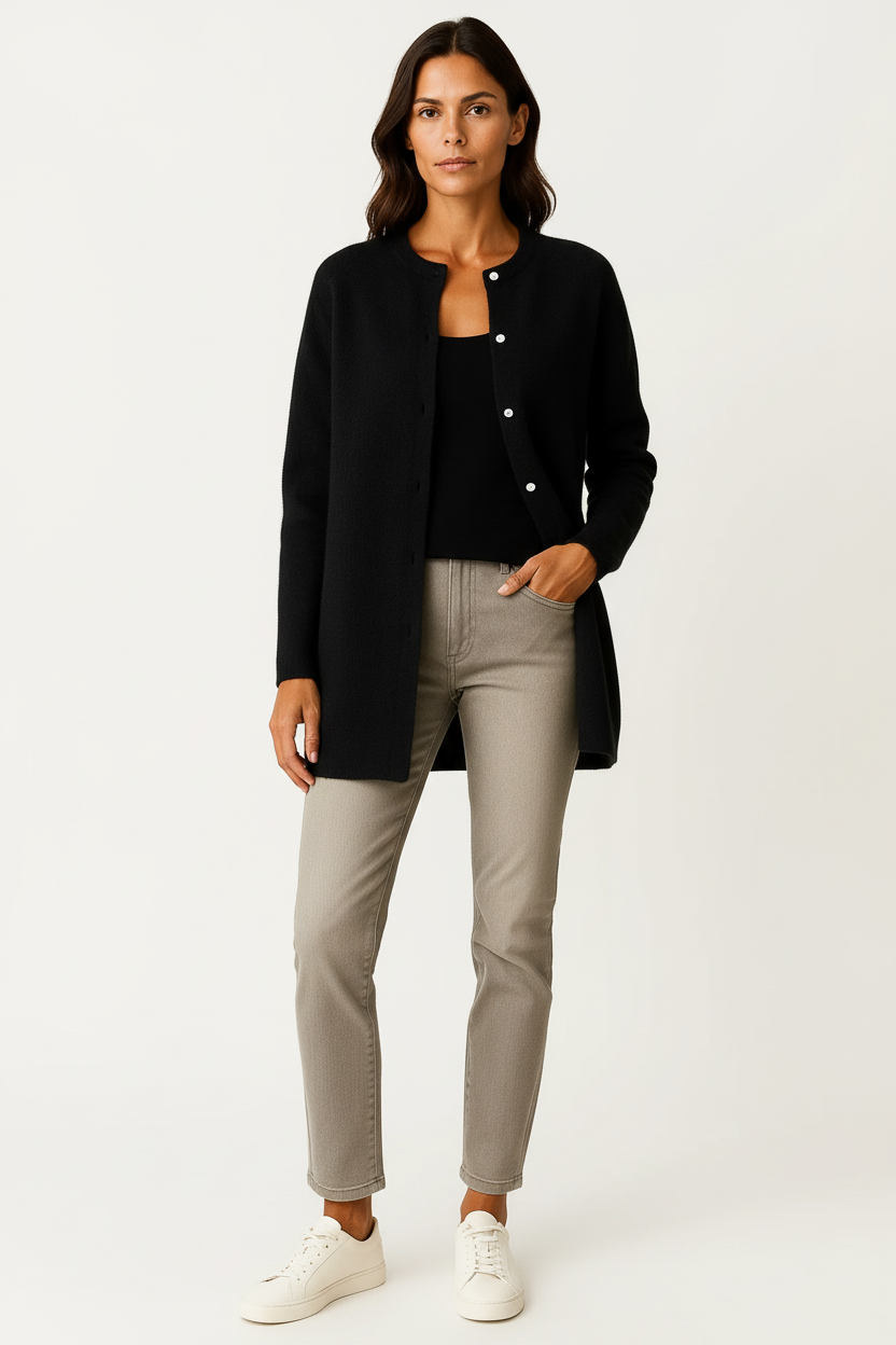 Cárdigan Largo Mujer Suave de Punto Beige con Bolsillos