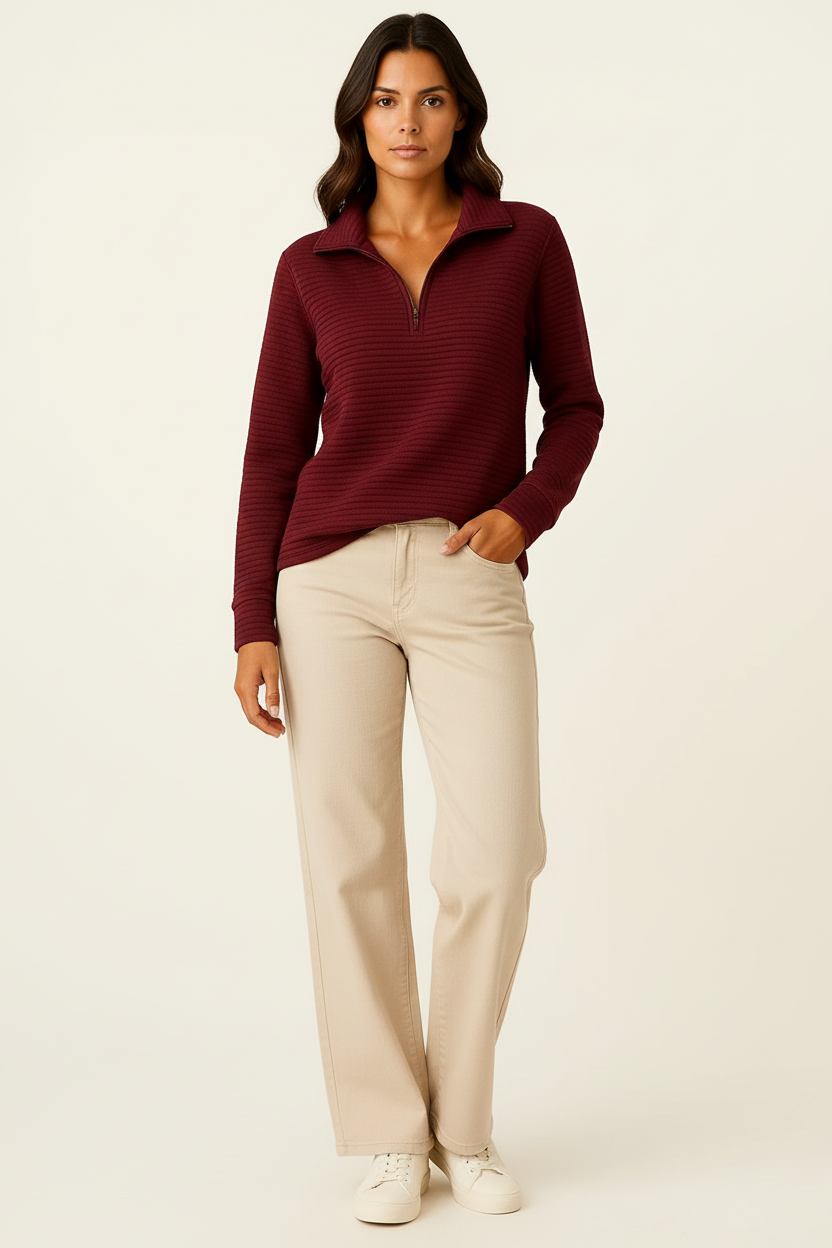 Jersey de Mujer Viscosa Elastano Cuello en V Media Cremallera Rayas Blancas