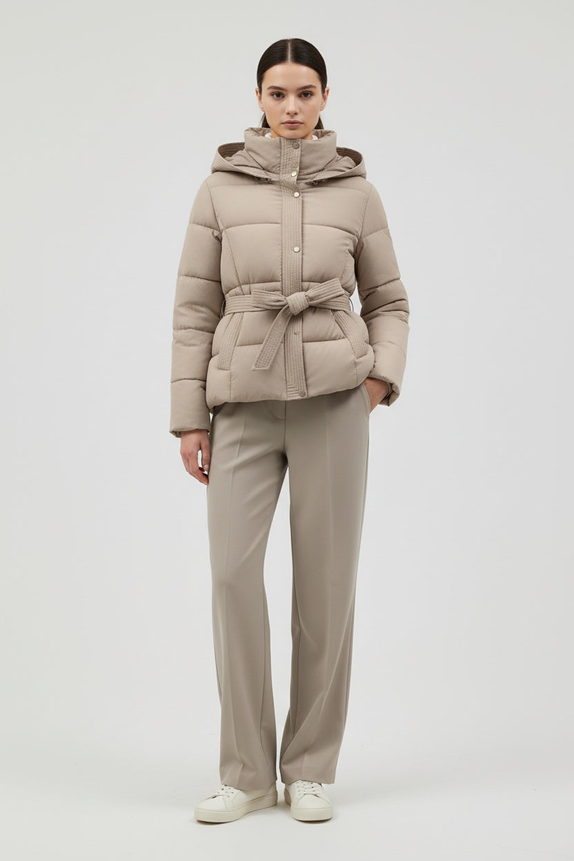 Chaqueta Acolchada Mujer Invierno Sintética con Capucha y Cinturón