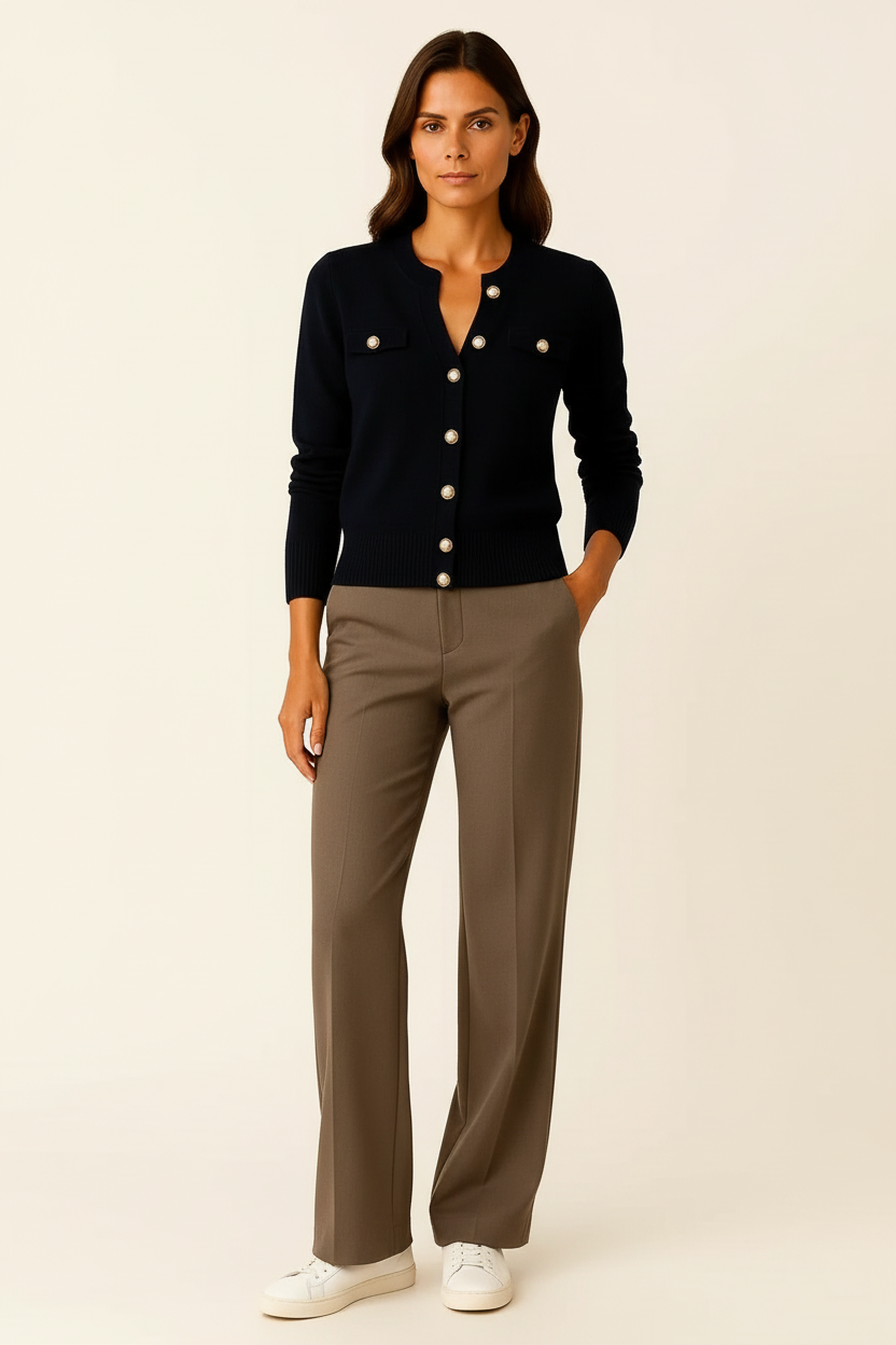 Cárdigan Mujer Azul Marino Largo de Punto Manga Larga Ajustado