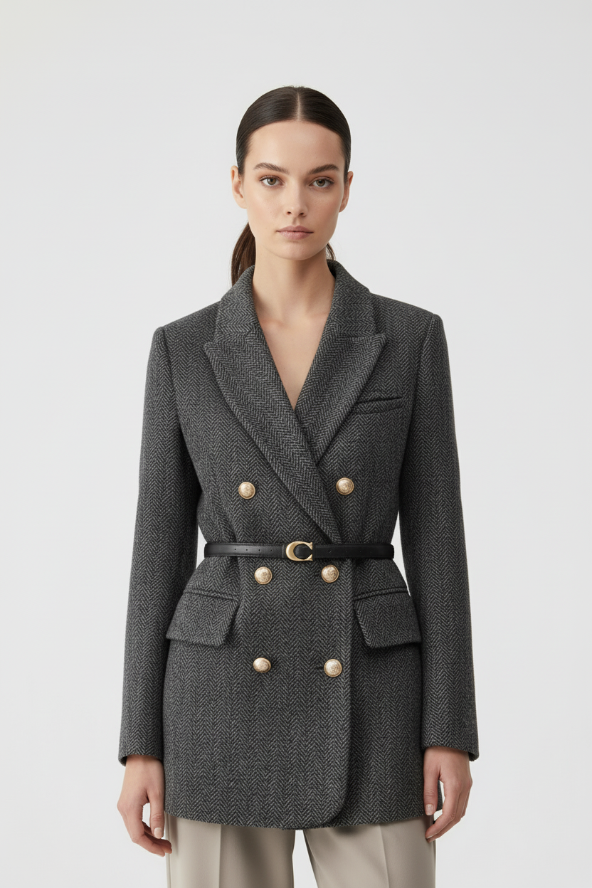 Abrigo Mujer Tweed Acrílico Doble Botonadura Entallado