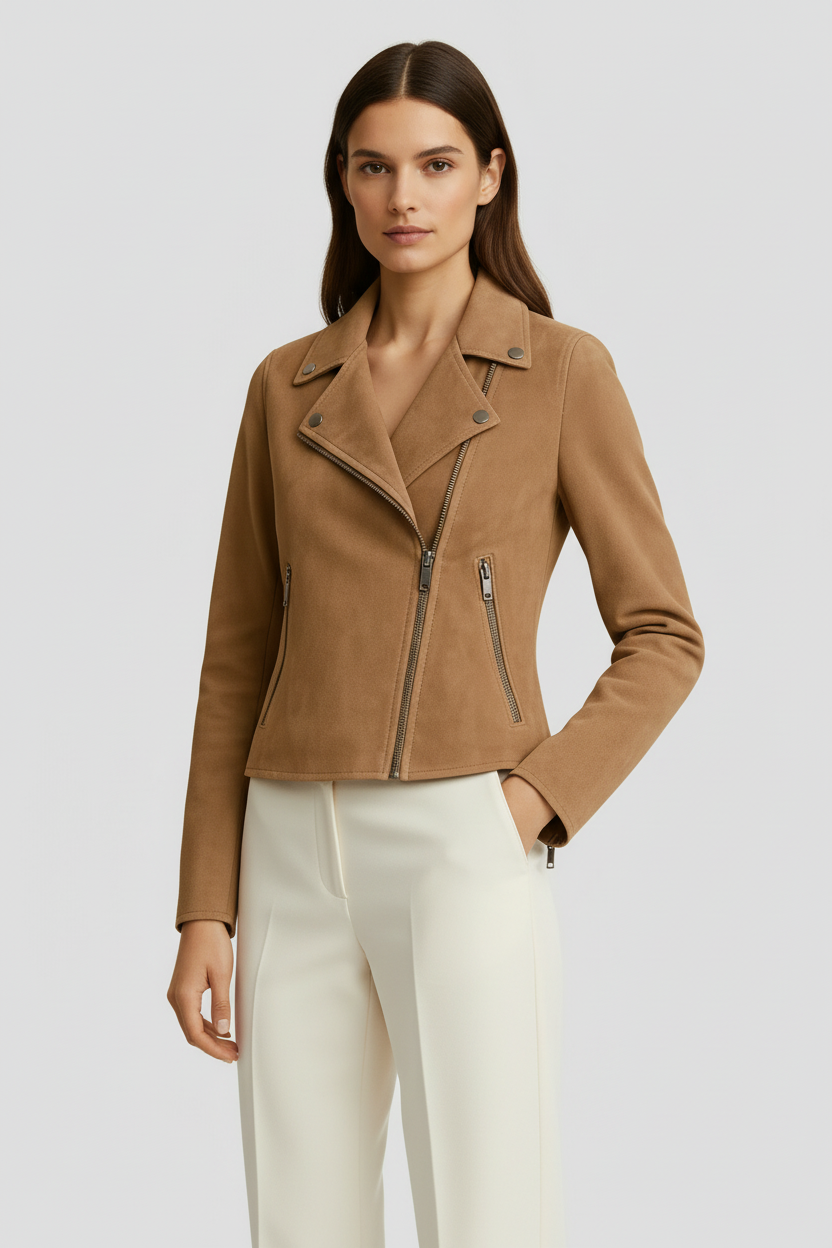 Chaqueta Mujer Gamuza Corte Entallado Estilo Motero