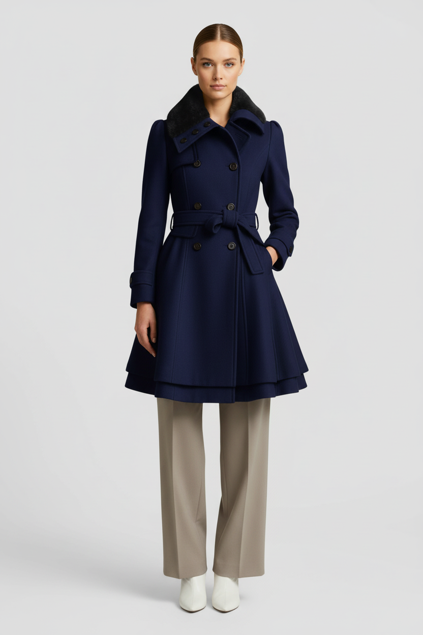 Abrigo de Mujer Mezcla de Lana Acampanado con Cinturón y Cuello de Piel