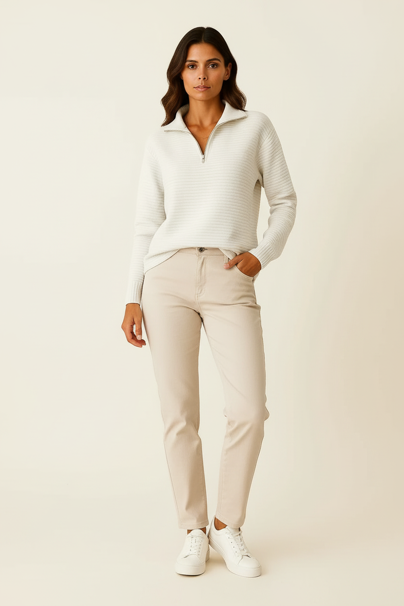 Jersey de Mujer Viscosa Elastano Cuello en V Media Cremallera Rayas Blancas