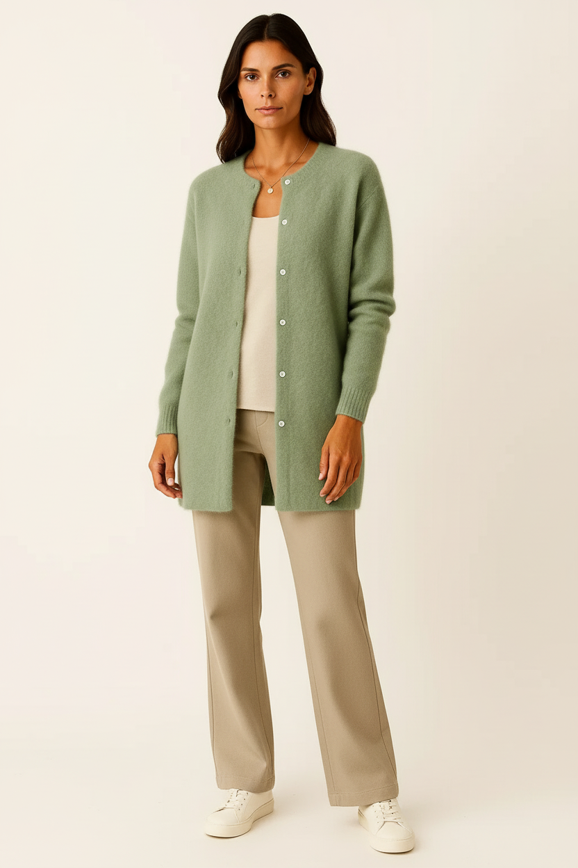 Cárdigan Largo Mujer Suave de Punto Beige con Bolsillos