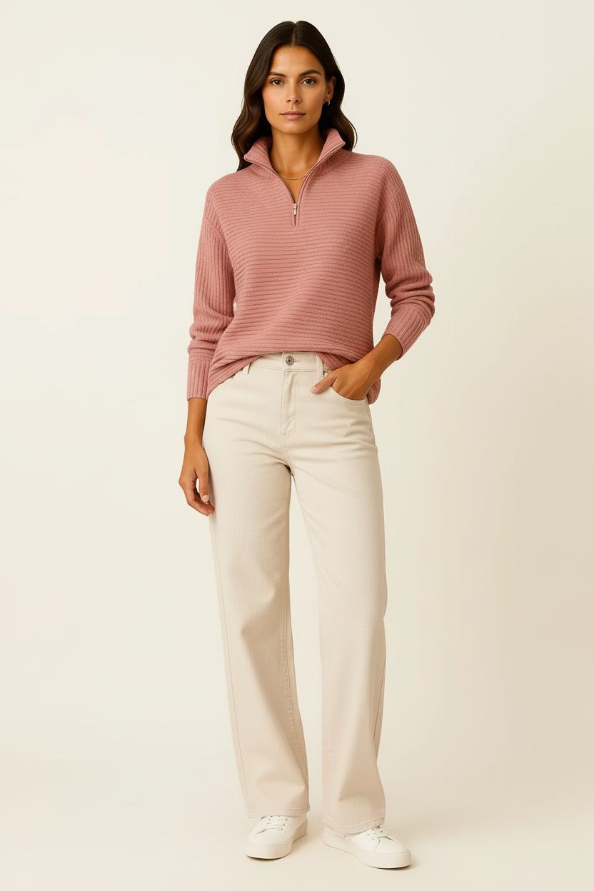 Jersey de Mujer Viscosa Elastano Cuello en V Media Cremallera Rayas Blancas